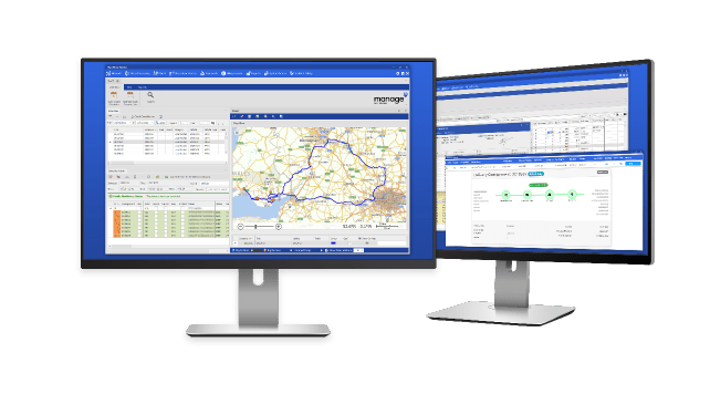 Two Monitors Demonstrating Transport Management Software on screen